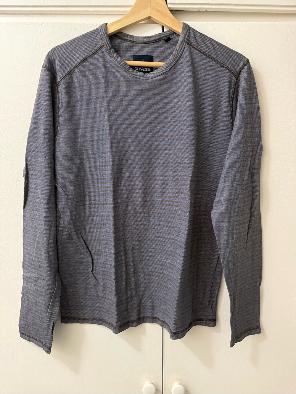 Prana Men’s Long-Sleeve Thermal Crew in Heather Blue and Gray Stripe